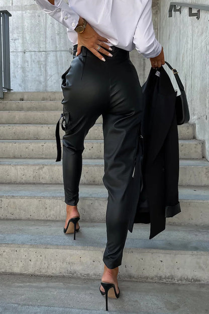 Pantalones casuales de color liso con bolsillos y cremallera, cintura alta, ajustados, de color liso