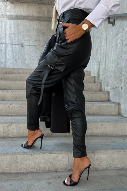 Pantalones casuales de color liso con bolsillos y cremallera, cintura alta, ajustados, de color liso