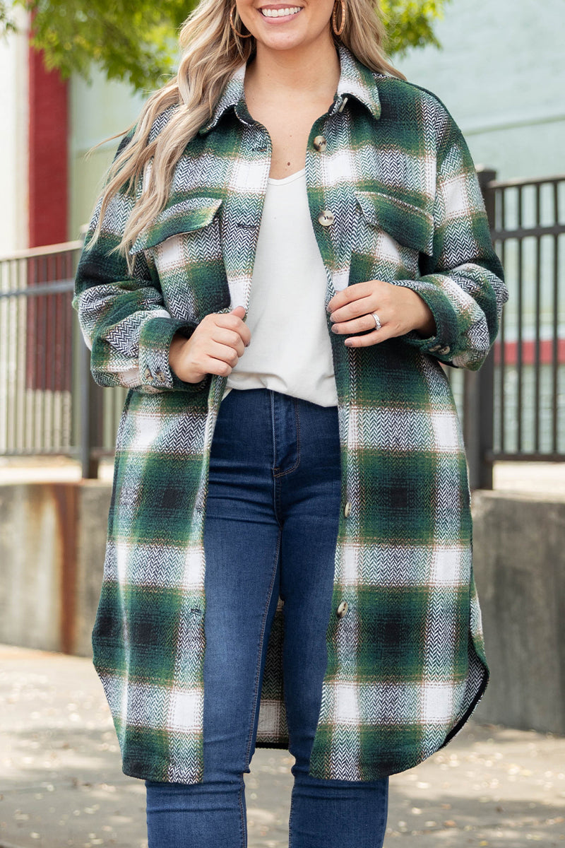 Casual Plaid Pocket Turndown Collar Outerwear