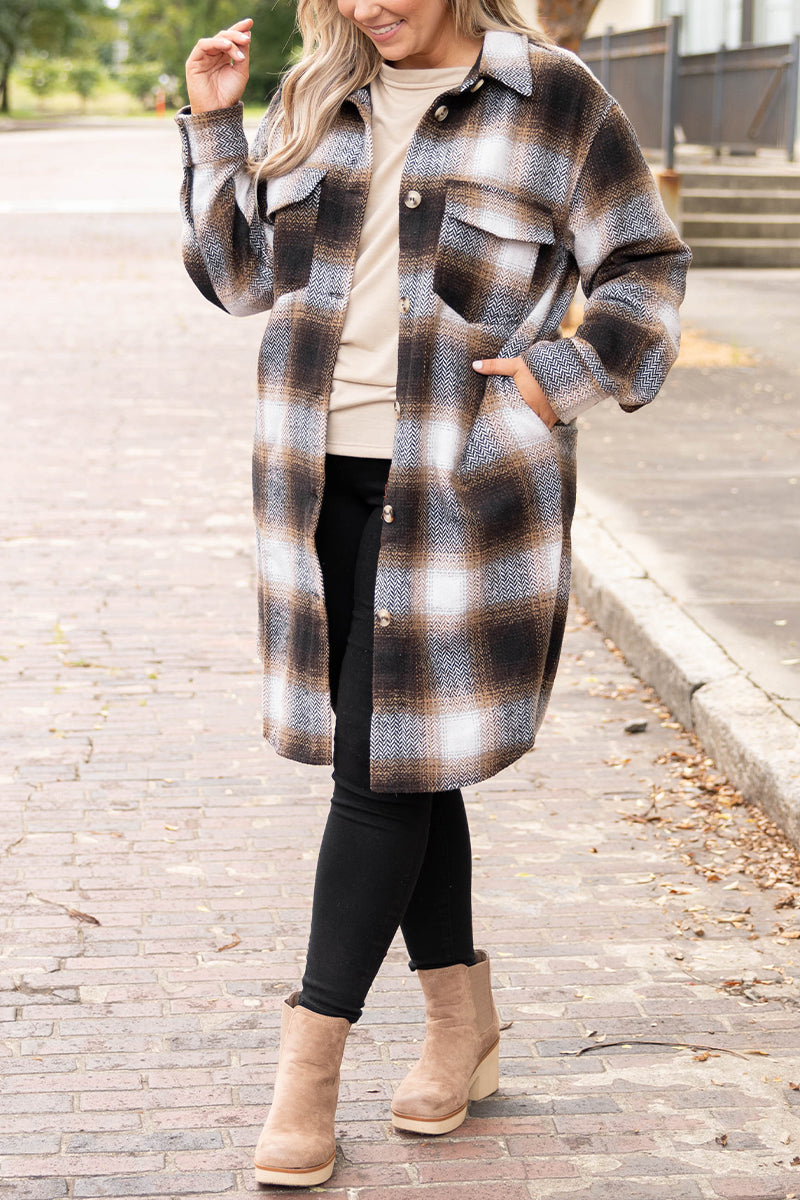 Casual Plaid Pocket Turndown Collar Outerwear