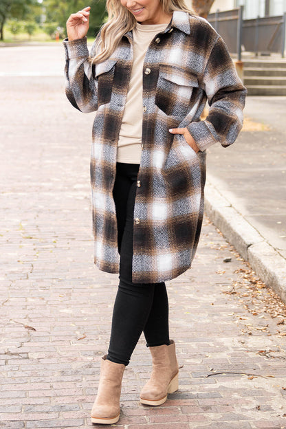 Casual Plaid Pocket Turndown Collar Outerwear