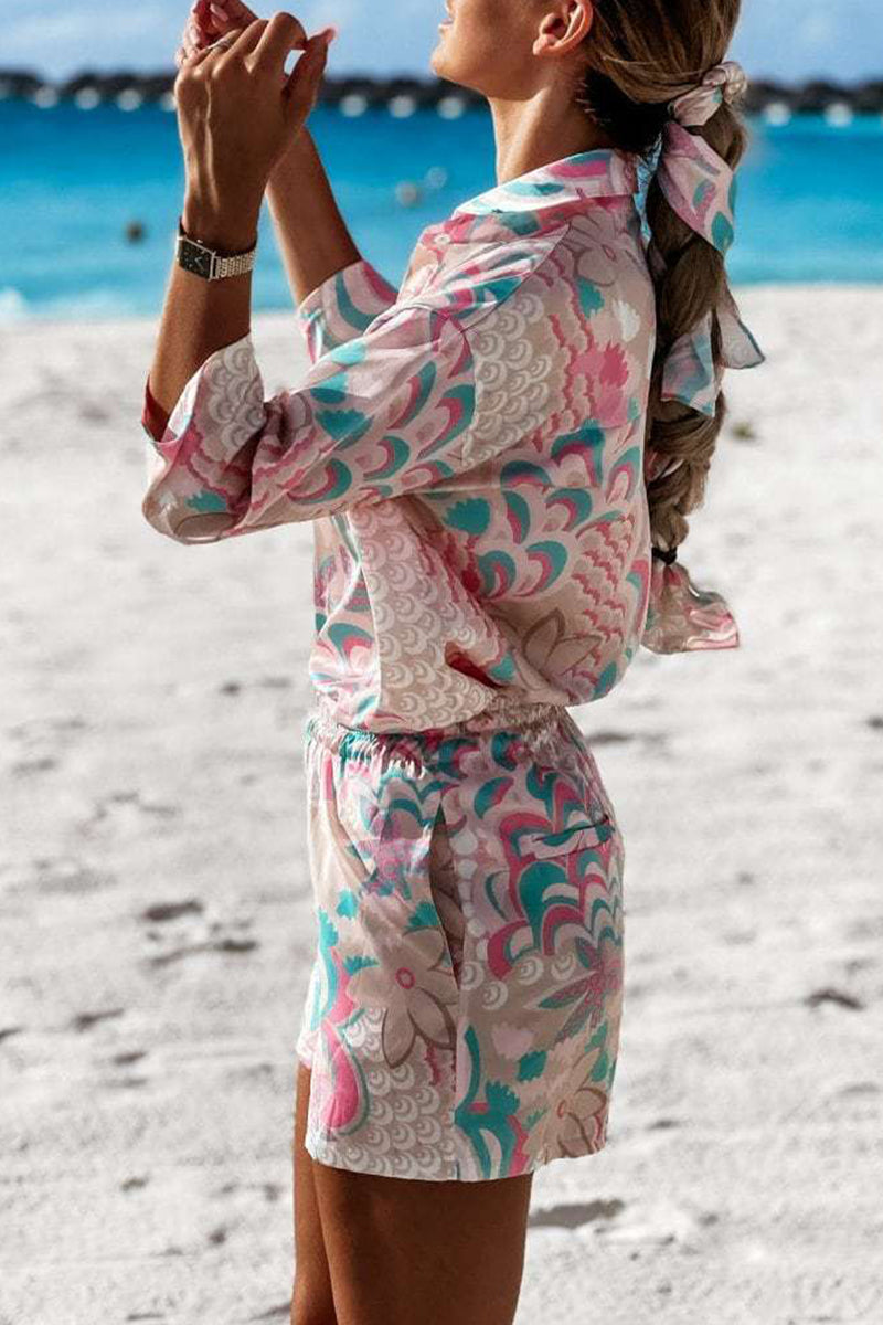 Conjunto informal de dos piezas con cuello vuelto, manga larga y estampado geométrico para vacaciones