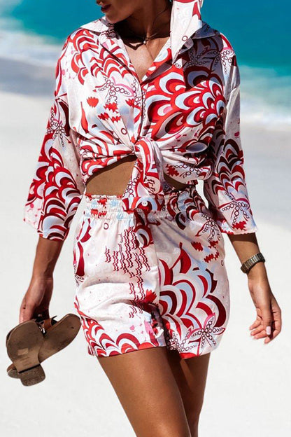 Conjunto informal de dos piezas con cuello vuelto, manga larga y estampado geométrico para vacaciones