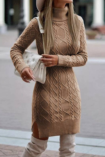 Elegant Solid Slit Weave Turtleneck Long Sleeve Dresses