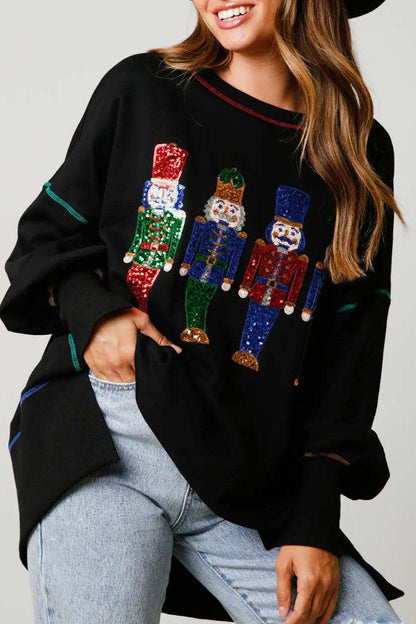 Blusas casuales de cuello redondo con lentejuelas navideñas de color sólido (3 colores)