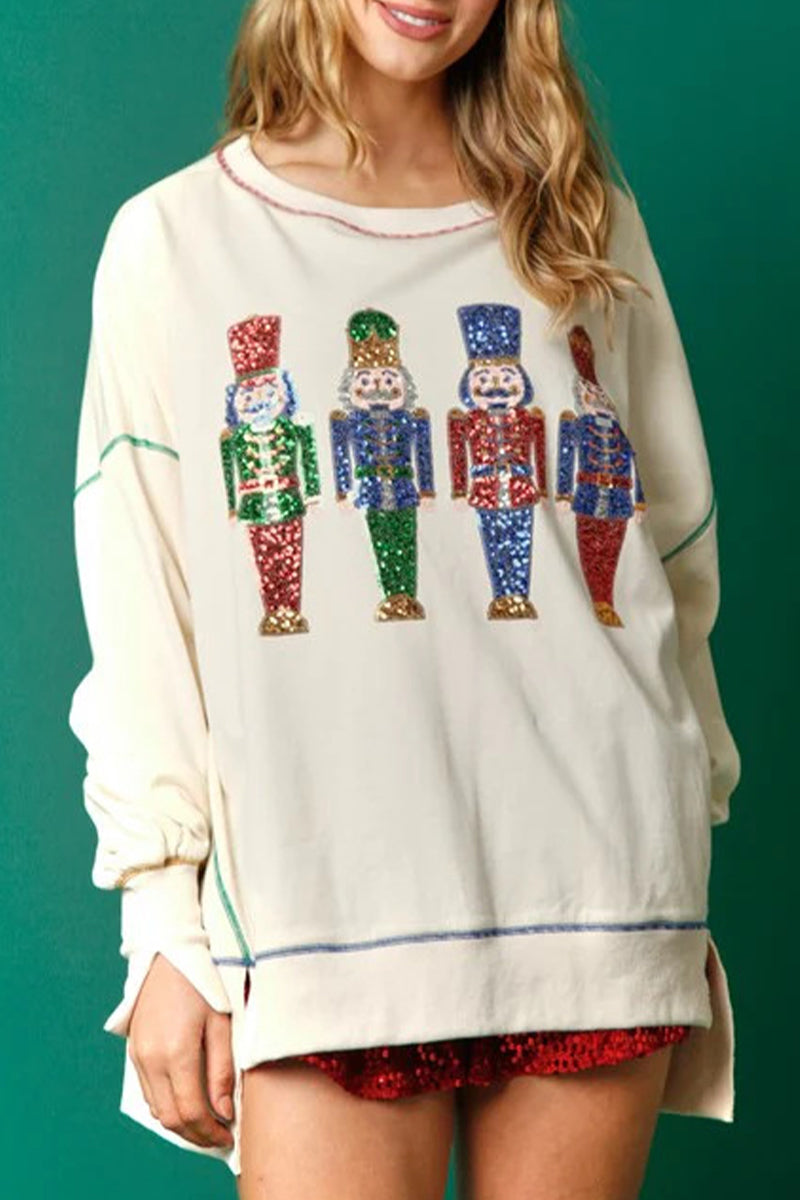 Blusas casuales de cuello redondo con lentejuelas navideñas de color sólido (3 colores)