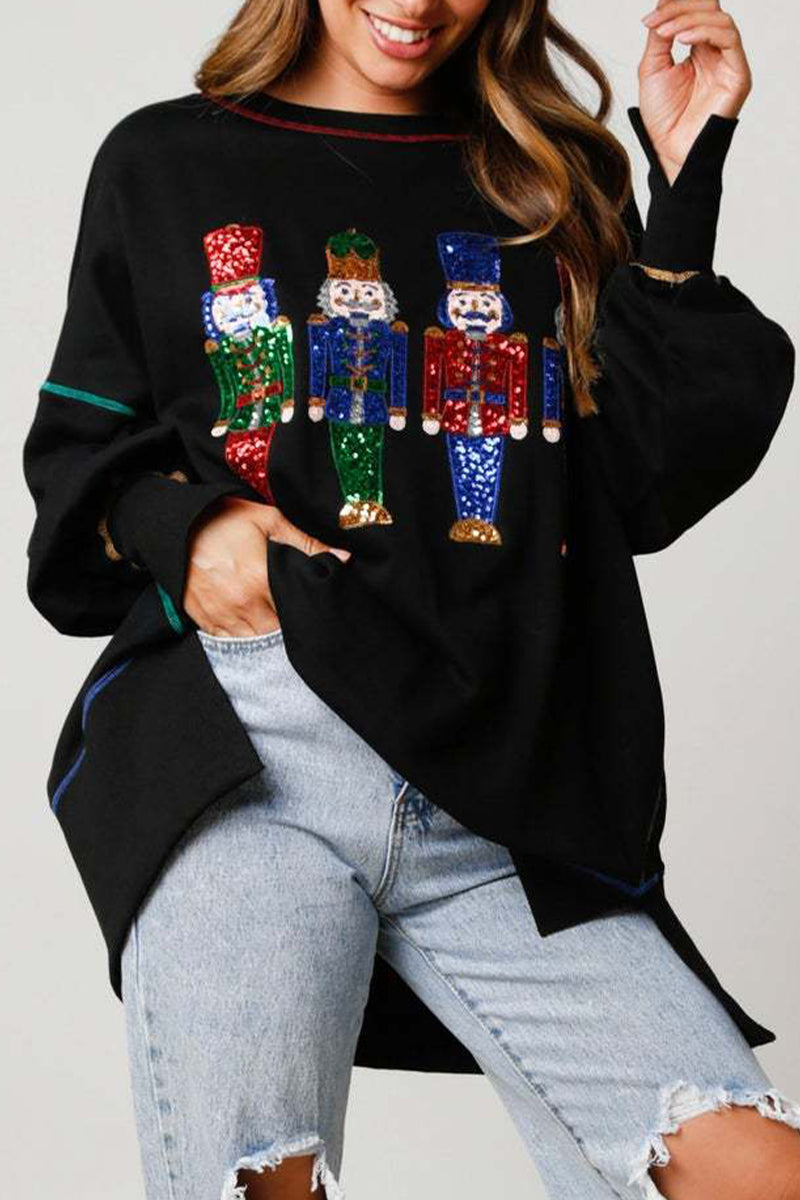 Blusas casuales de cuello redondo con lentejuelas navideñas de color sólido (3 colores)