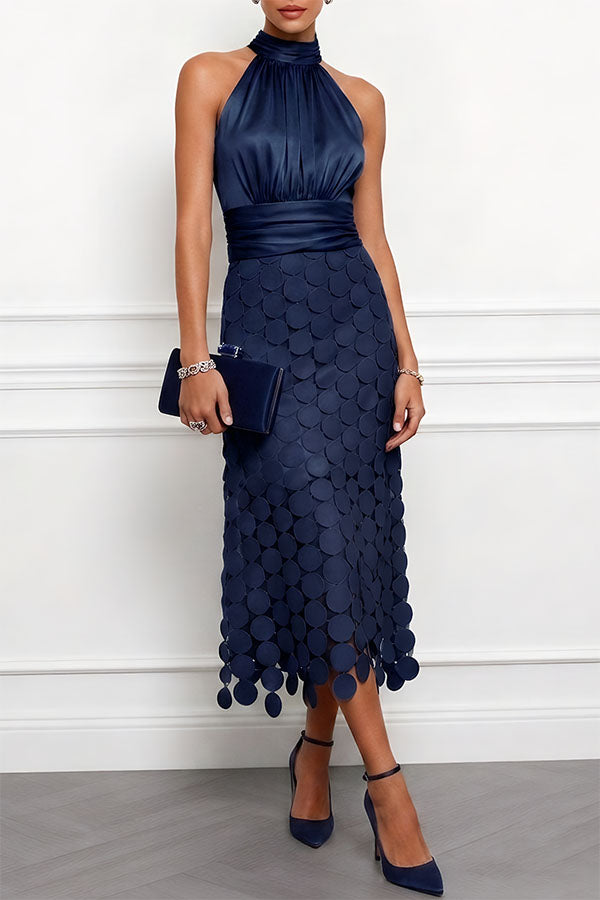 Janice Satin Ruched Halter Neck Sleeveless Embroidered Polka Dot Hem Midi Dress
