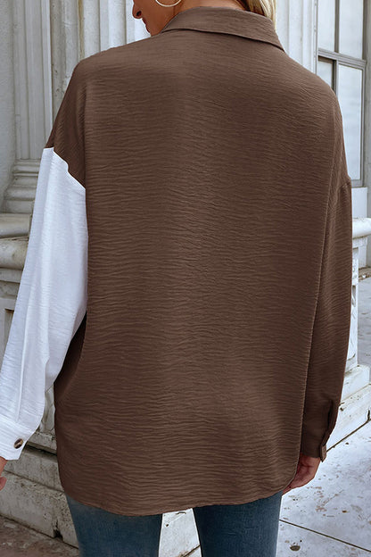 Elegant Color Block Pocket Contrast Turndown Collar Tops