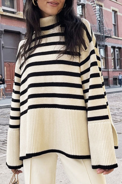Casual Striped Slit Asymmetrical Turtleneck Tops