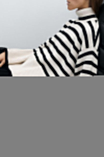 Casual Striped Slit Asymmetrical Turtleneck Tops
