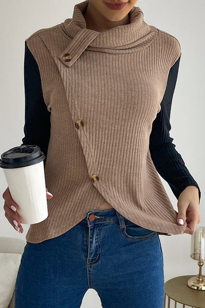 Tops casuales de cuello alto asimétricos con botones lisos