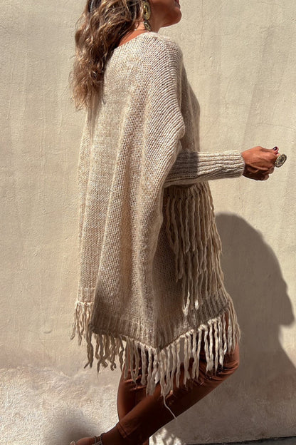 Casual Solid Tassel Pocket Weave O Neck Tops