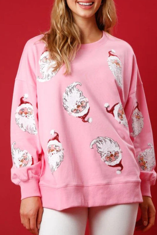 Tops casuales de cuello redondo con lentejuelas de Papá Noel