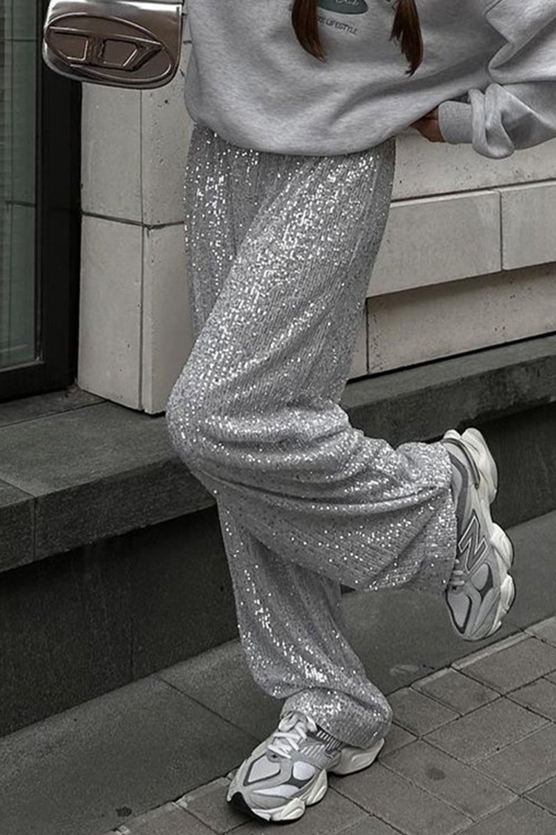 Pantalones casuales lisos con lentejuelas, sueltos, rectos y de color liso