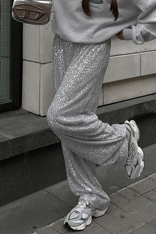 Pantalones casuales lisos con lentejuelas, sueltos, rectos y de color liso