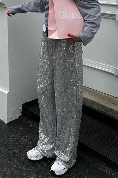 Pantalones casuales lisos con lentejuelas, sueltos, rectos y de color liso