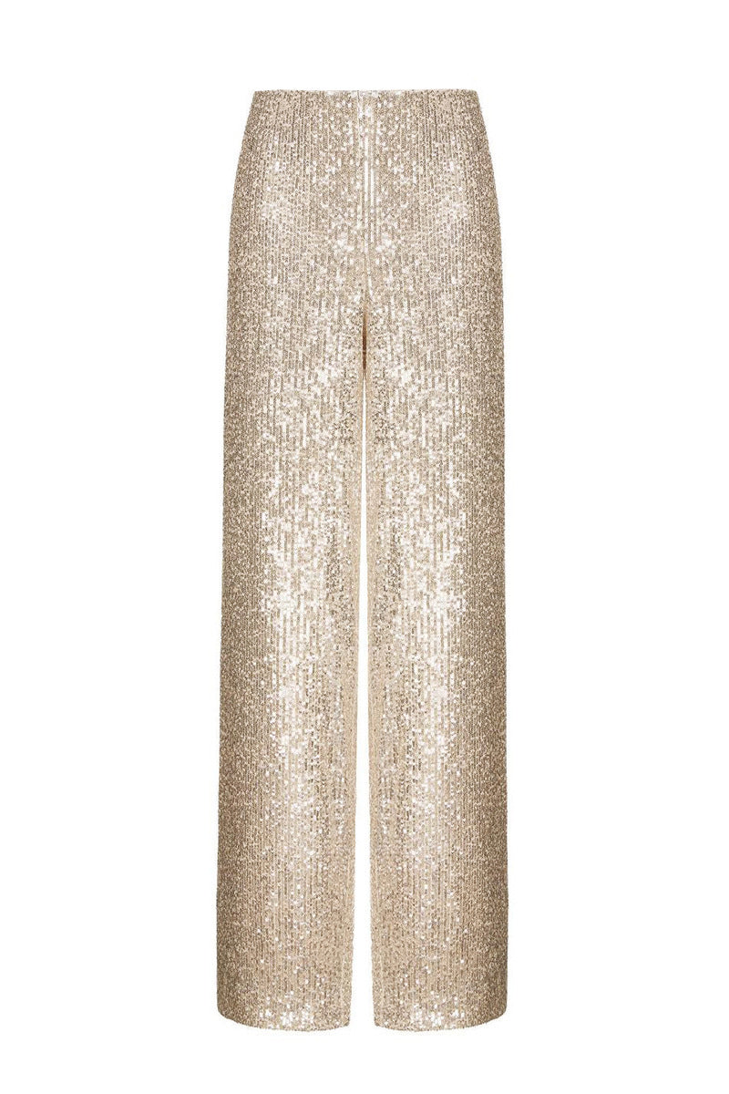 Pantalones casuales lisos con lentejuelas, sueltos, rectos y de color liso