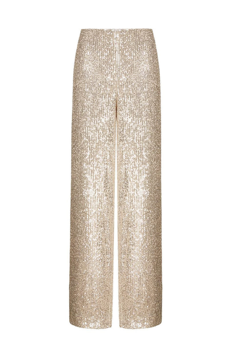 Pantalones casuales lisos con lentejuelas, sueltos, rectos y de color liso