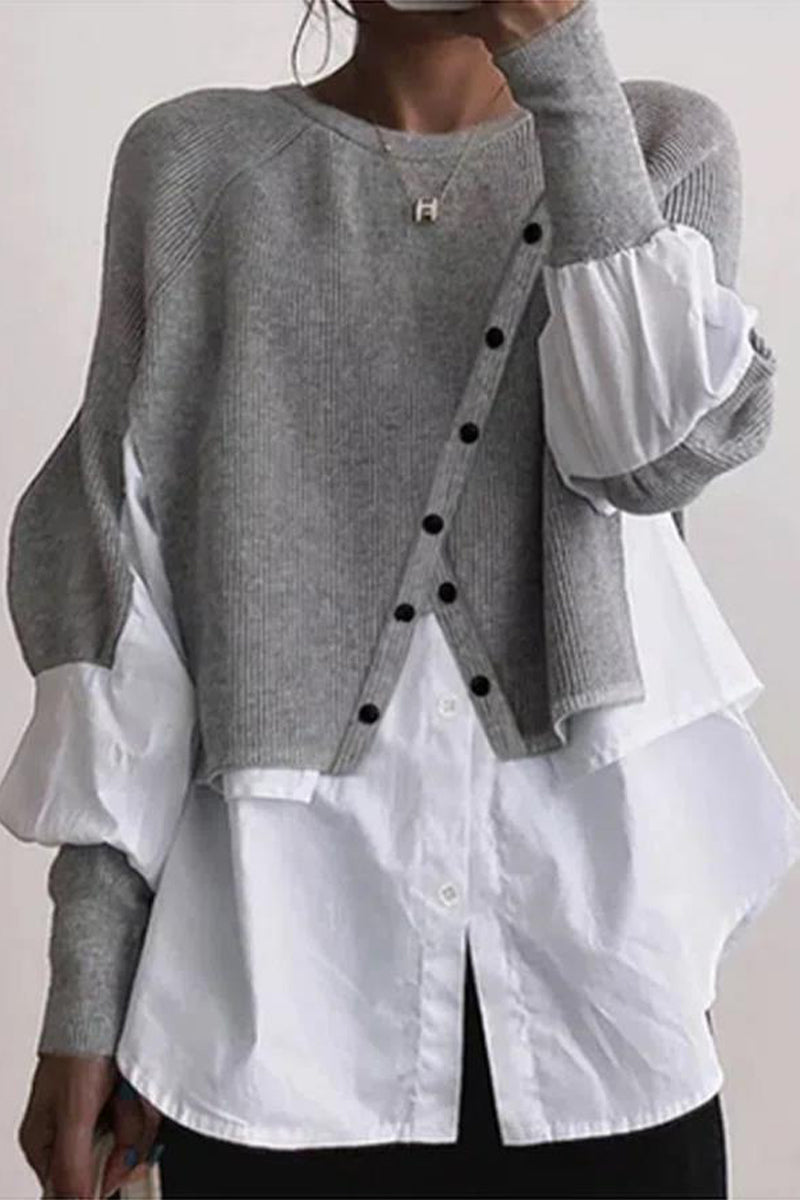 Blusas casuales de cuello redondo con botones y patchwork liso (6 colores)
