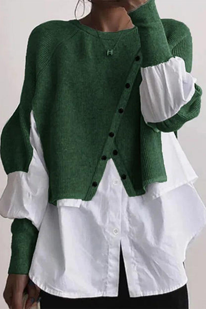 Blusas casuales de cuello redondo con botones y patchwork liso (6 colores)