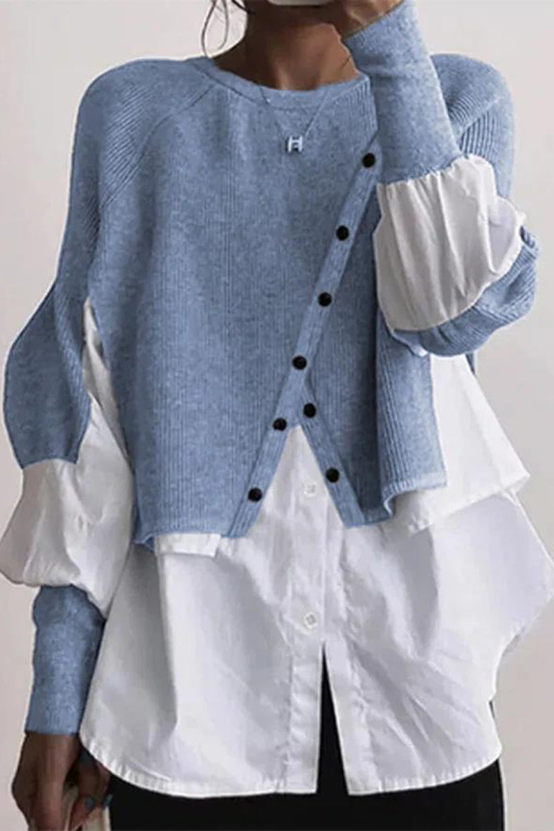 Blusas casuales de cuello redondo con botones y patchwork liso (6 colores)