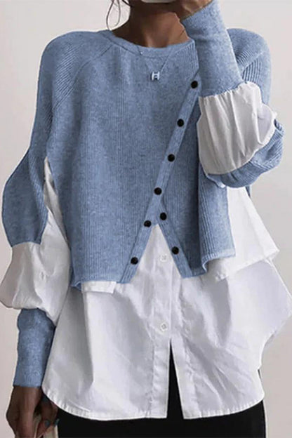 Blusas casuales de cuello redondo con botones y patchwork liso (6 colores)