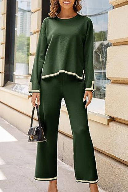 Casual Living Solid Weave O Neck Long Sleeve Two Pieces