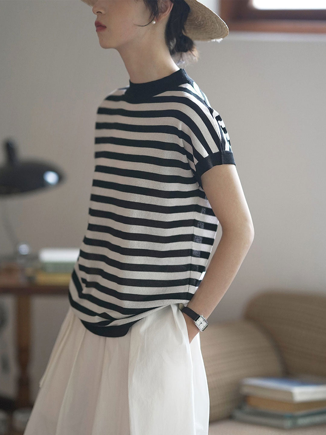 Lauren Classic Crew Neck Striped Contrast Knitted Top