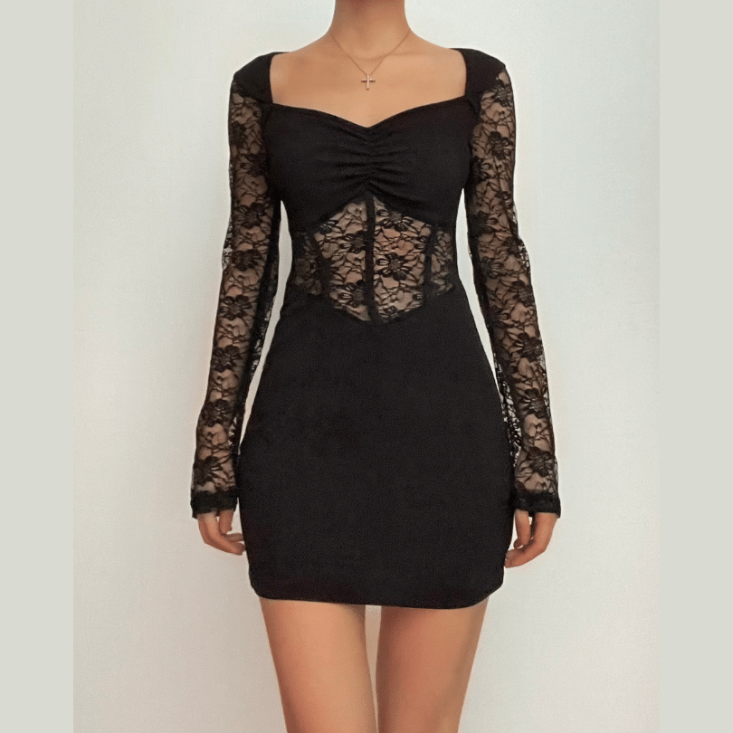 Lace patchwork corset long sleeve solid ruched mini dress  | Festival Outfits Women
