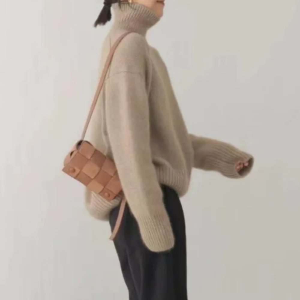 Jersey holgado de cuello alto para mujer con dobladillo y puños acanalados | Ideal para otoño/invierno