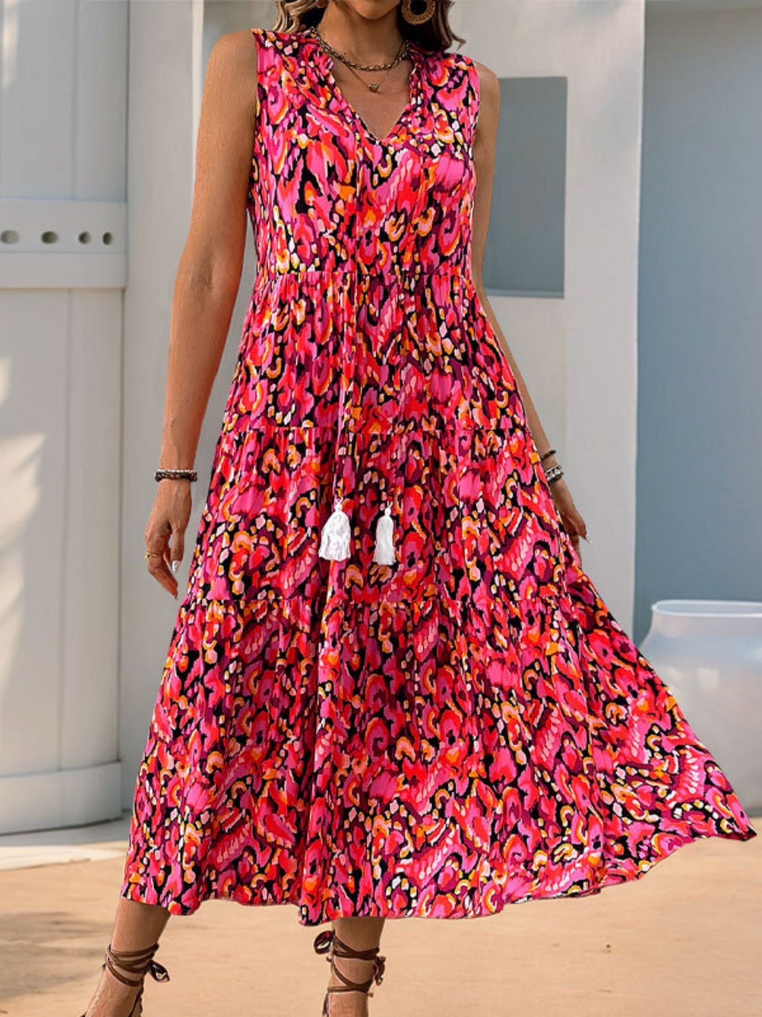 Printed Tassel V-neck Sleeveless Maxi Dresses