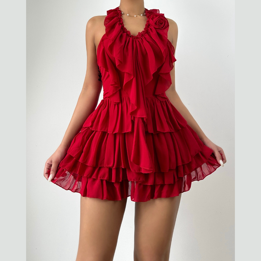 Halter ruffle flower applique mini dress  | Festival Outfits Women