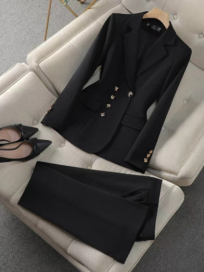 Solid Color Gold Button Decoration Blazers Trousers 2-piece Sets