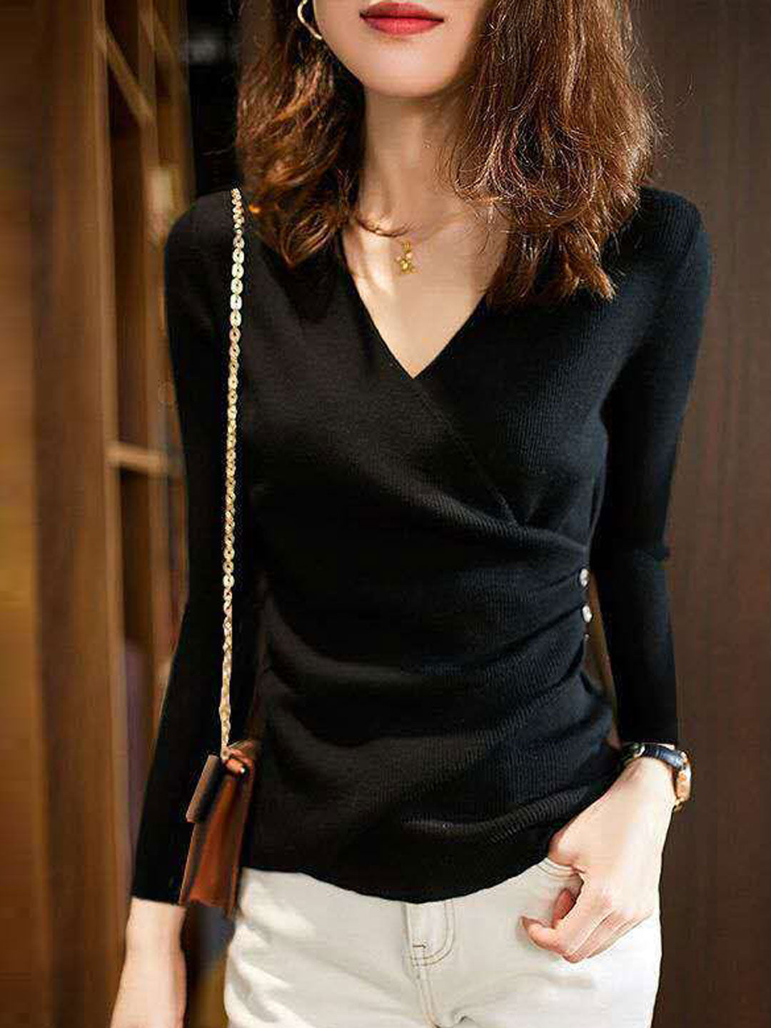 Jocelyn Casual V-Neck Solid Color Knitted Top-Black