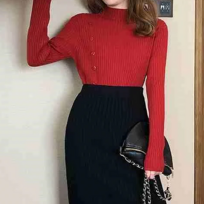 Elegante jersey de punto de cuello alto para mujer con botón y abertura | Ideal para otoño/invierno