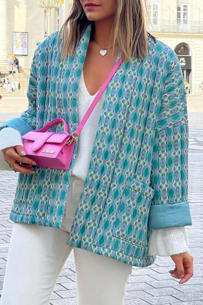 Elegante cárdigan con cuello de bolsillo y parches geométricos