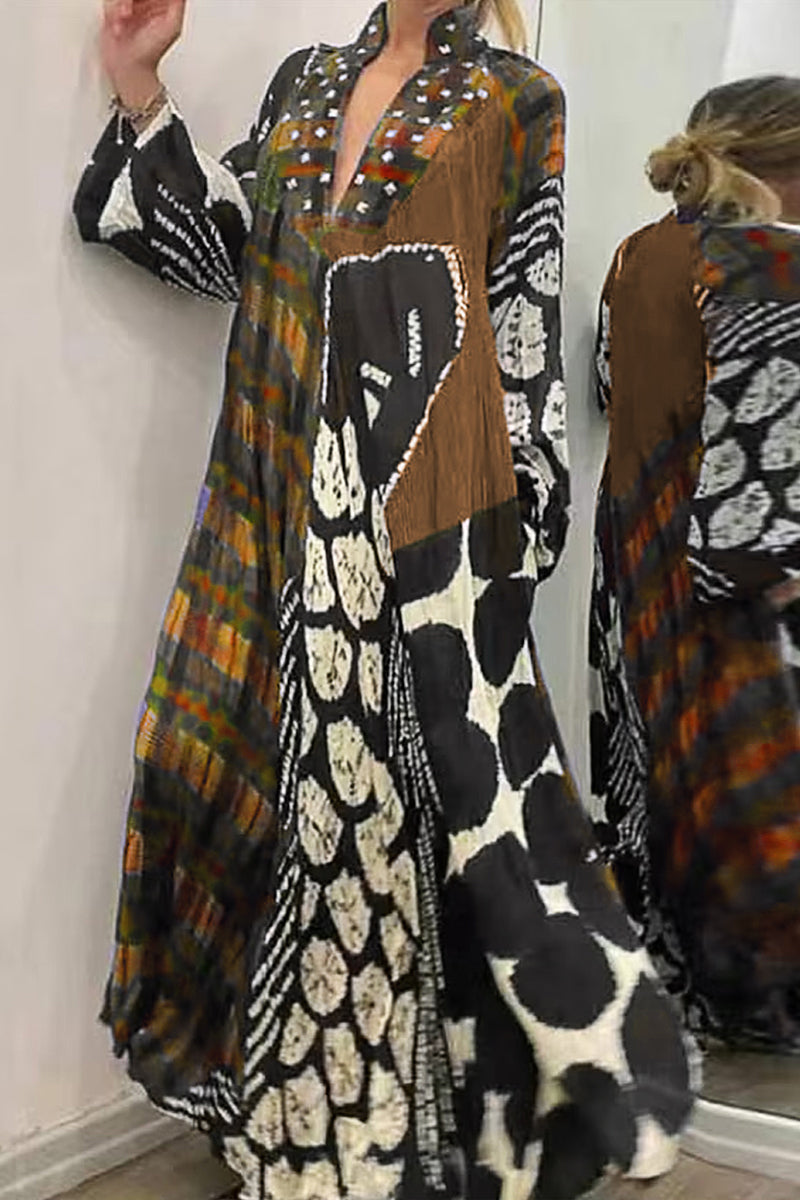 Vestido casual vintage con estampado de bolsillo y cuello en V