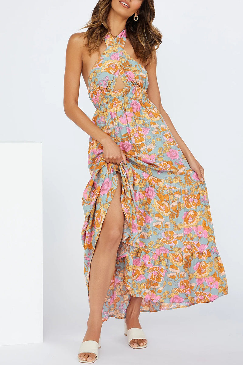 Vestido sexy de vacaciones con estampado floral, volantes y lazo.