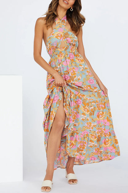 Vestido sexy de vacaciones con estampado floral, volantes y lazo.