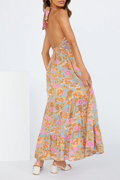 Vestido sexy de vacaciones con estampado floral, volantes y lazo.