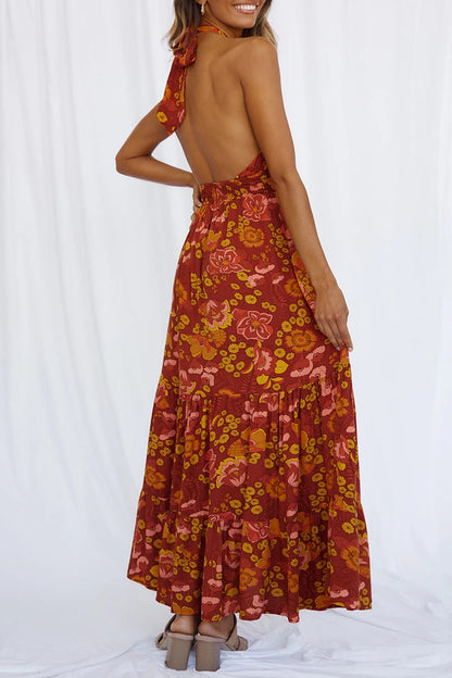 Vestido sexy de vacaciones con estampado floral, volantes y lazo.