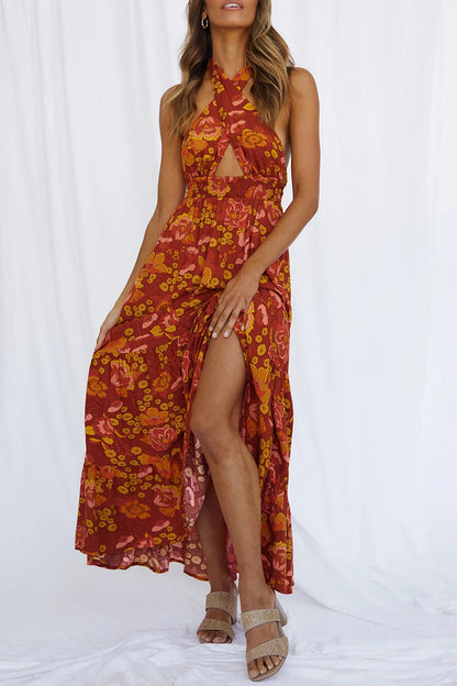 Vestido sexy de vacaciones con estampado floral, volantes y lazo.