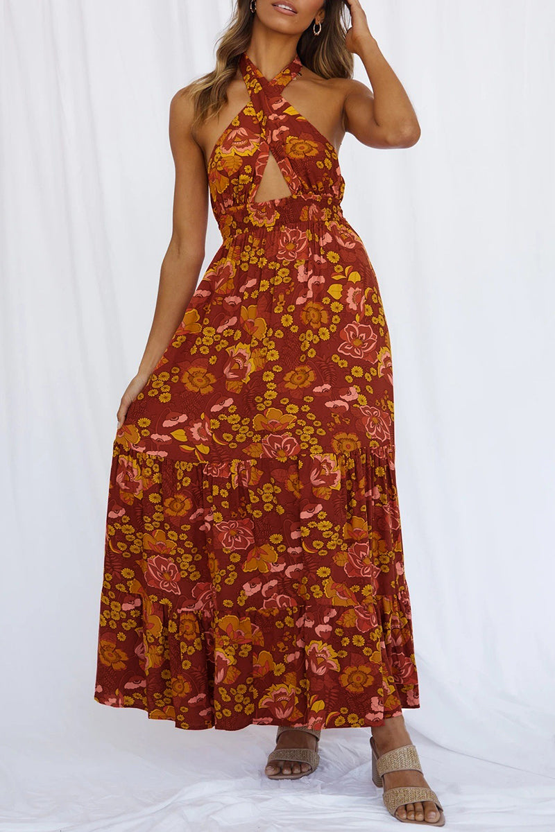 Vestido sexy de vacaciones con estampado floral, volantes y lazo.