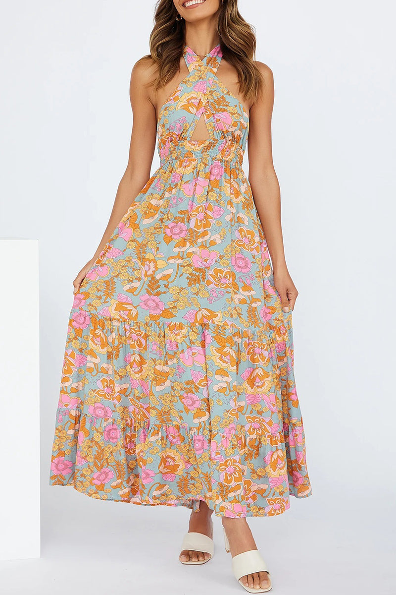Vestido sexy de vacaciones con estampado floral, volantes y lazo.