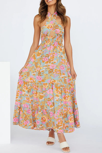 Vestido sexy de vacaciones con estampado floral, volantes y lazo.