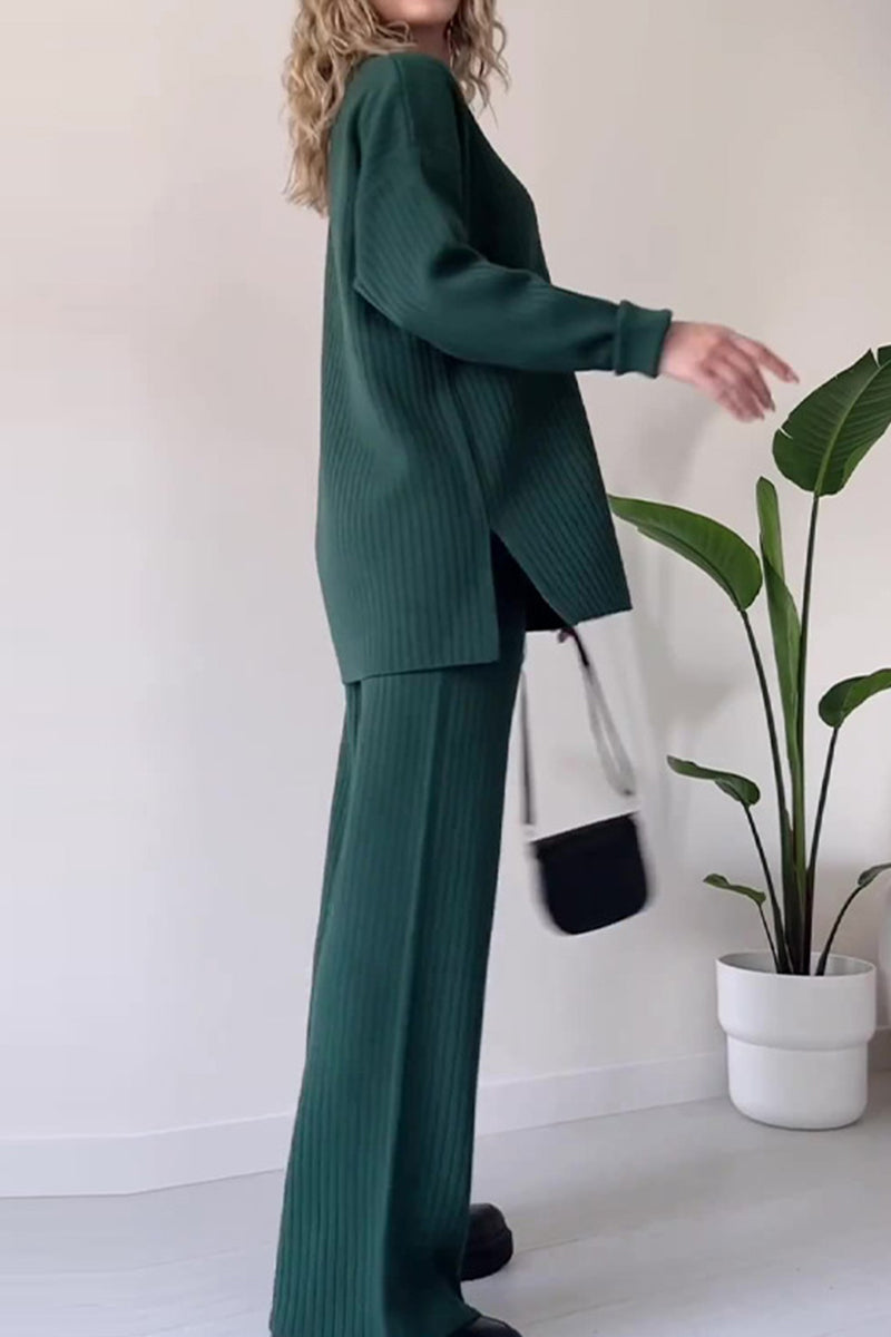 Conjunto informal de dos piezas con cuello en V, manga larga y botones lisos