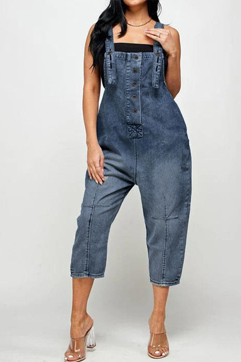 Street Solid Patchwork Buckle Square Collar Straight Jumpsuits(4 Colors)