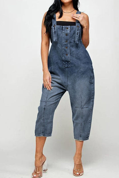Street Solid Patchwork Buckle Square Collar Straight Jumpsuits(4 Colors)