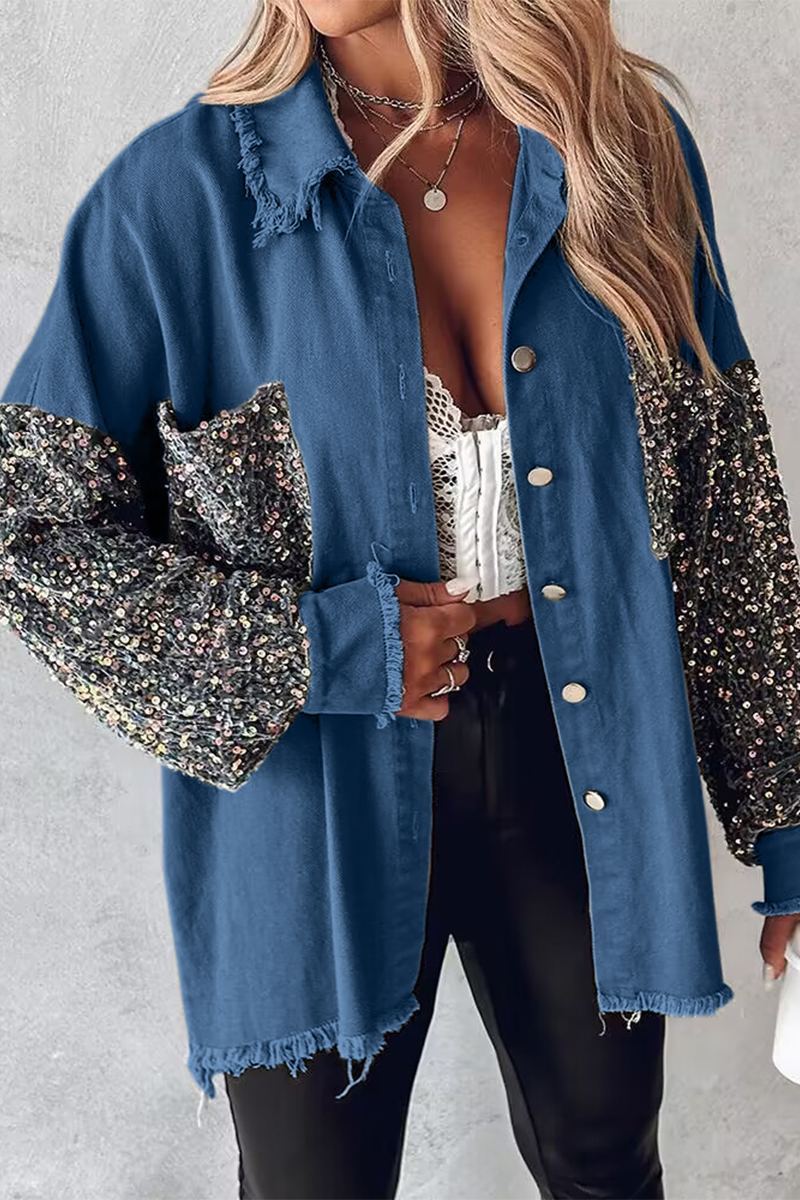 Casual Solid Sequins Pocket Turndown Collar Blouses(4 Colors)